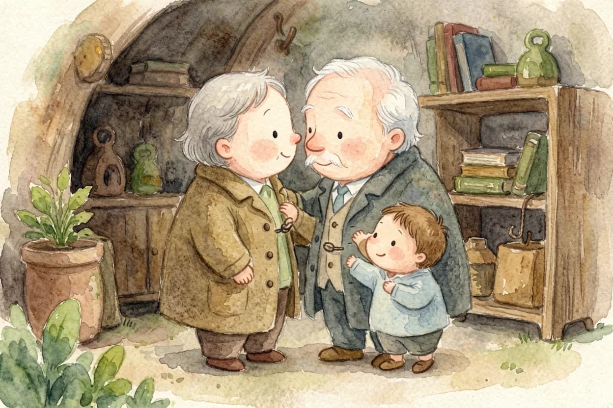 The grandpa mole showing the little mole that the scary shapes are just a coat and a shelf
