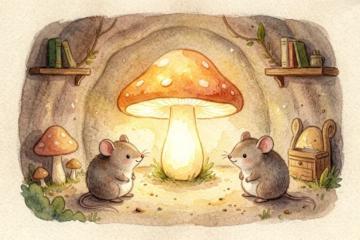 A cosy glowing mushroom lighting the burrow with a soft warm light like a little moon