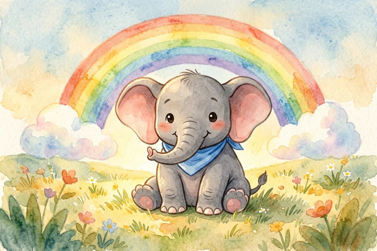 Watercolor illustration of a little elephant calf sitting calmly and smiling, surrounded by soft gentle clouds