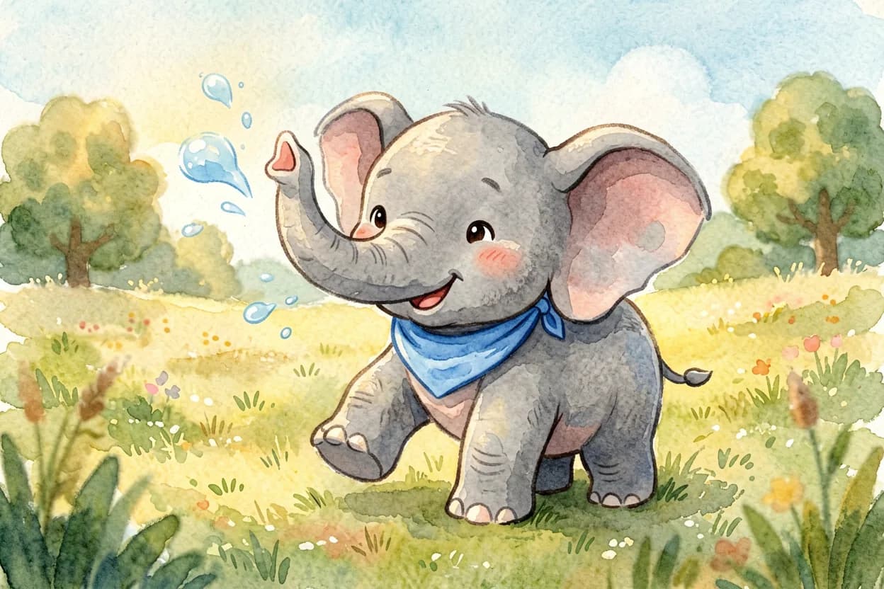 A little grey elephant calf playing happily in a sunny meadow, blowing water from his trunk