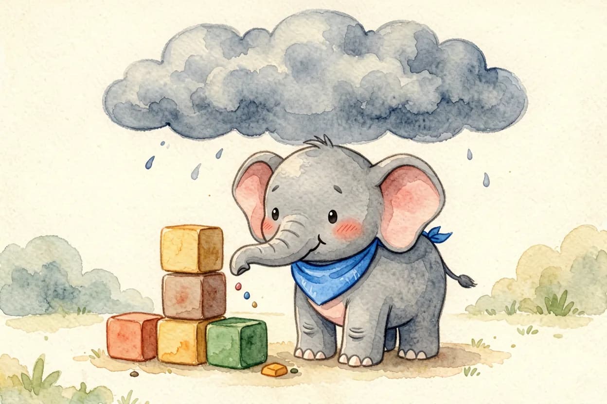 The elephant calf with a scrunched red face as his block tower falls, a stormy grey cloud over his head