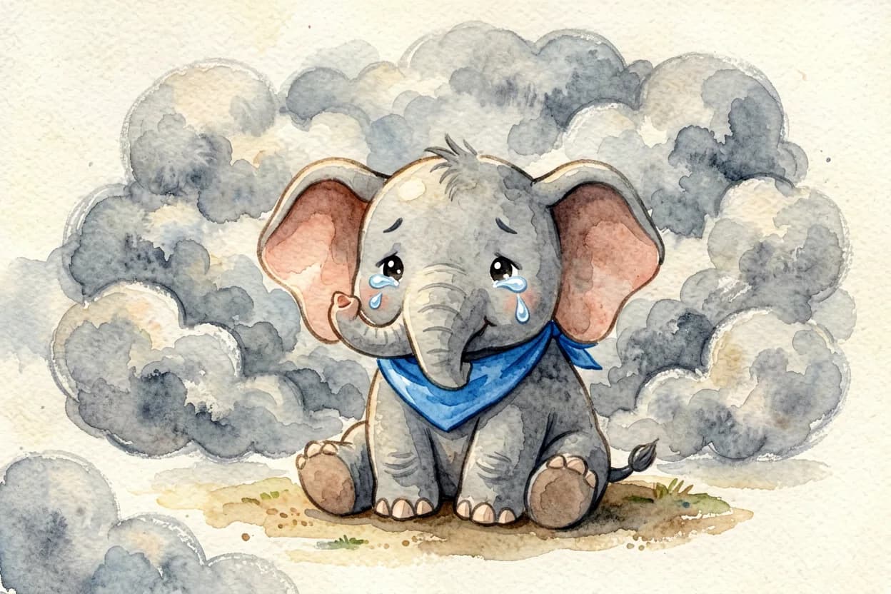 The elephant calf sitting down overwhelmed with big tears, surrounded by swirling grey clouds