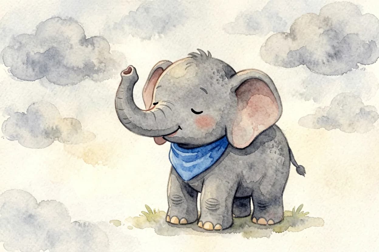 The elephant calf taking a slow deep breath with eyes closed as the grey clouds begin to soften