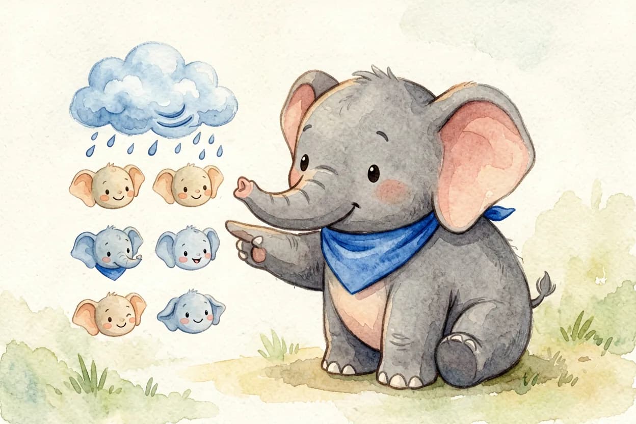 The elephant calf naming his feeling beside a chart of emotion faces, the storm cloud shrinking smaller