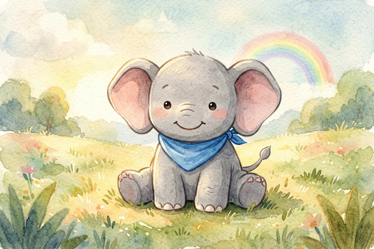 The elephant calf smiling peacefully again in the sunny meadow, calm and content with a tiny rainbow