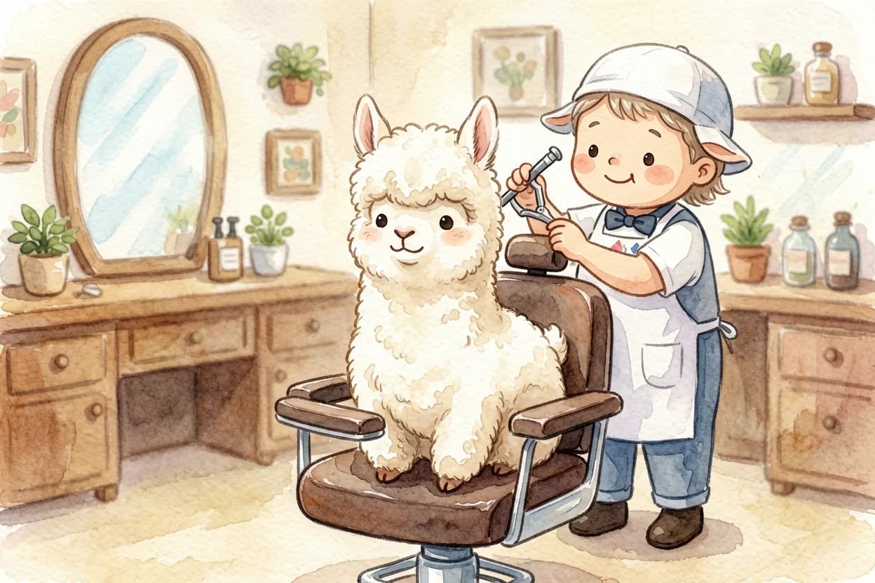 Watercolor illustration of a fluffy little alpaca sitting proudly in a barber's chair getting a first haircut