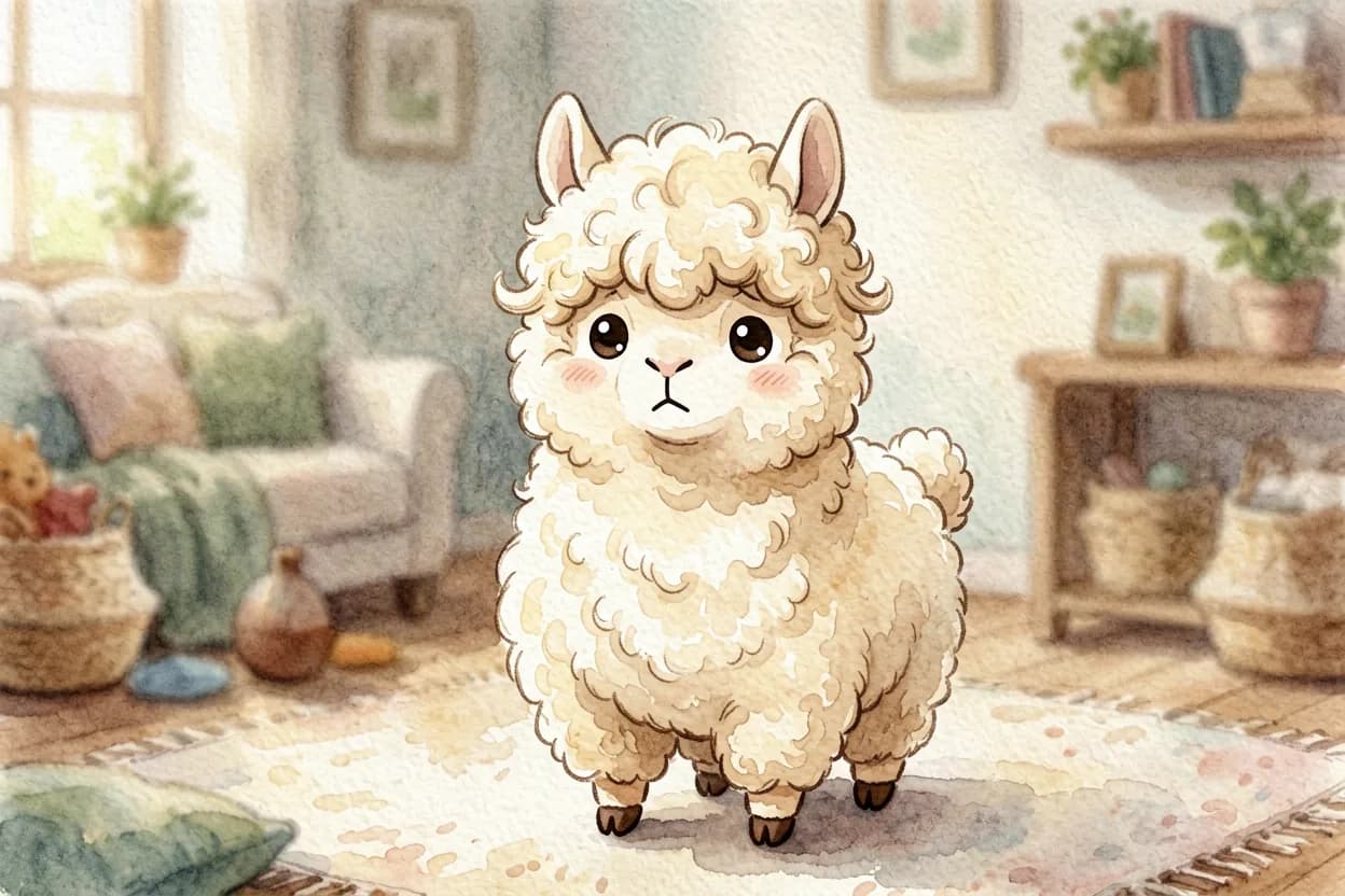 A fluffy little alpaca with wool flopping over her eyes, looking nervous