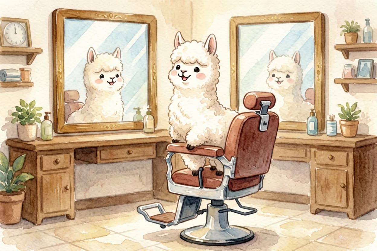 A little alpaca climbing into a tall spinning barber's chair in front of a big mirror