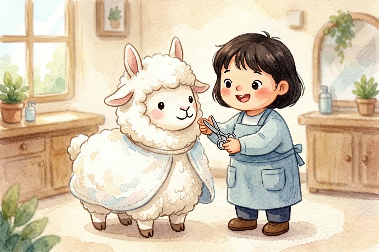 The barber wrapping a cape around the little alpaca and showing her the scissors snip in the air
