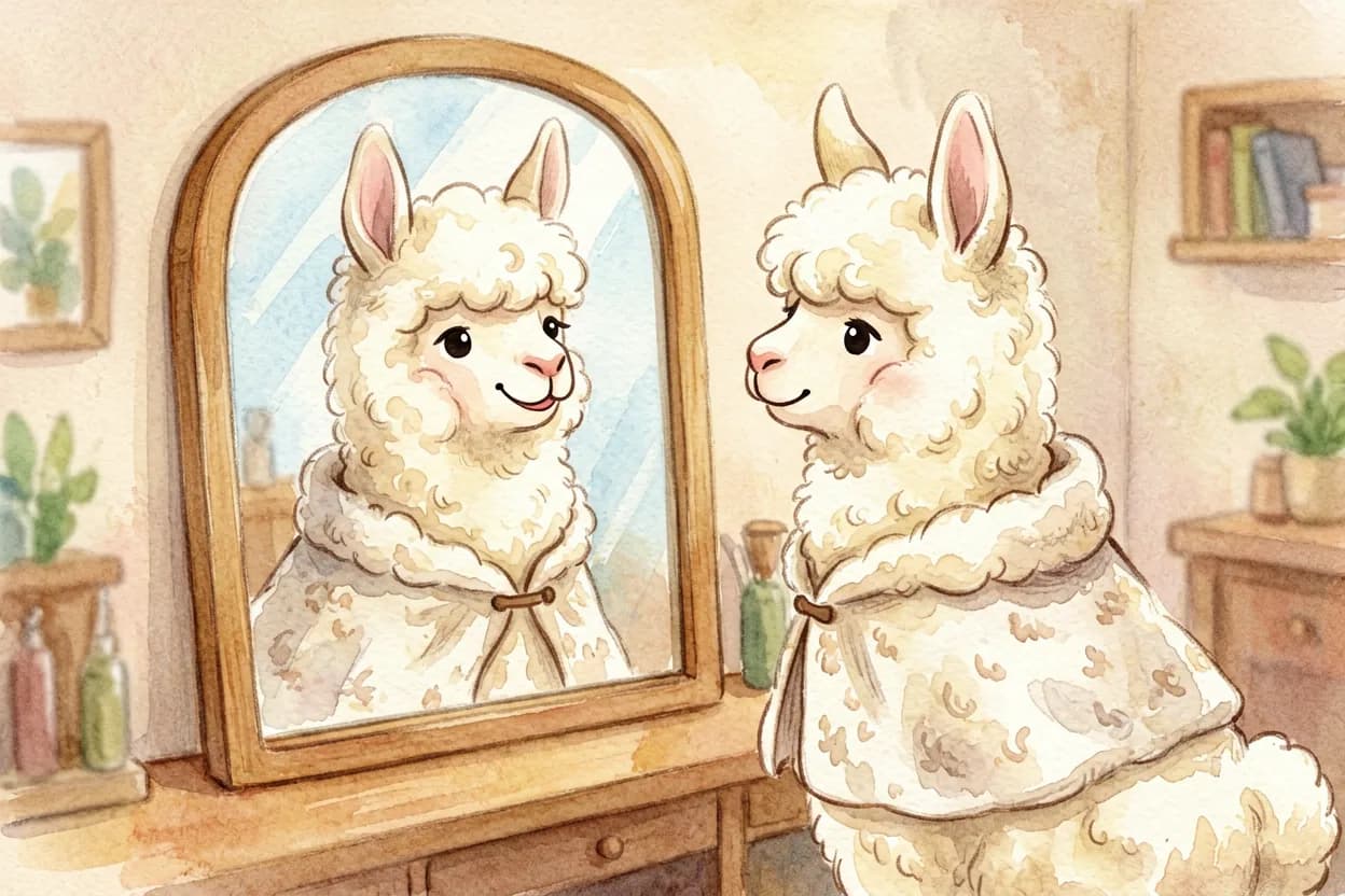 Soft curls of wool falling onto the cape as the alpaca watches her face appear in the mirror, smiling