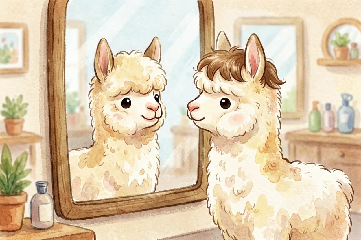 The little alpaca staring in delight at her smart new haircut in the mirror
