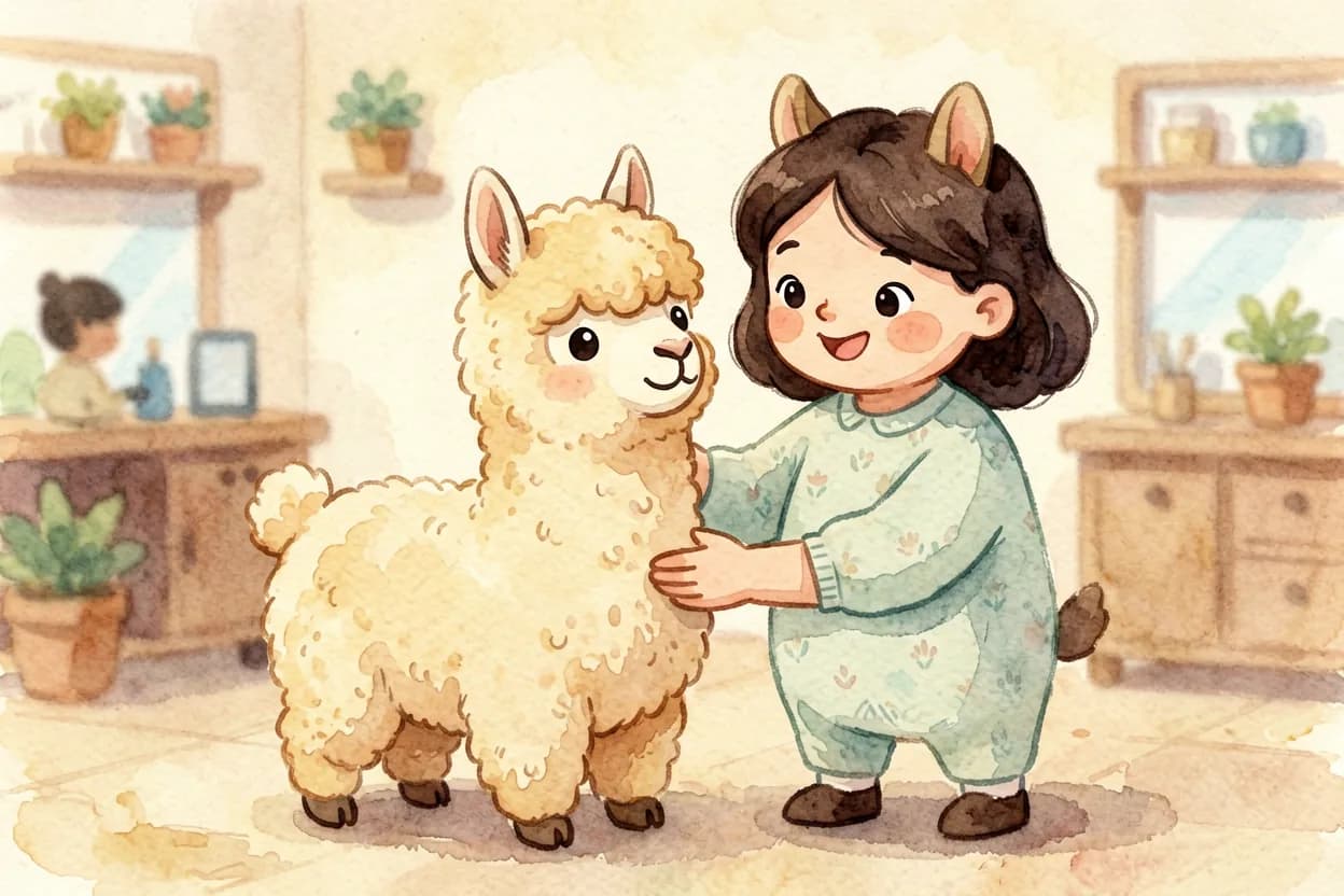 The little alpaca proudly admiring her new haircut, her mother hugging her
