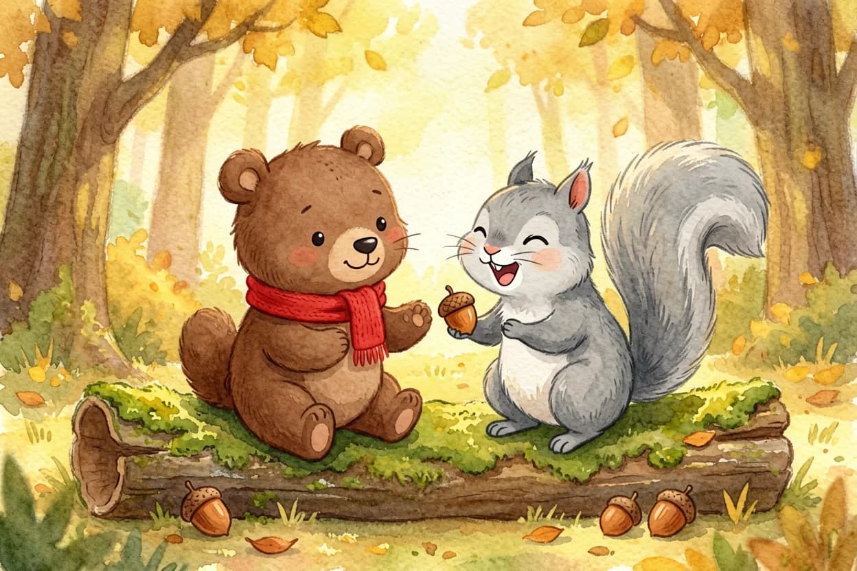 Watercolor illustration of a shy bear cub and a friendly squirrel sharing acorns on a log in an autumn forest