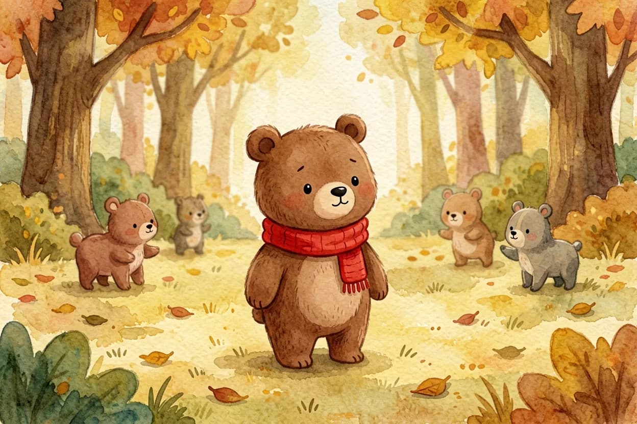 A shy brown bear cub in a red scarf standing alone at the edge of an autumn forest, watching others play