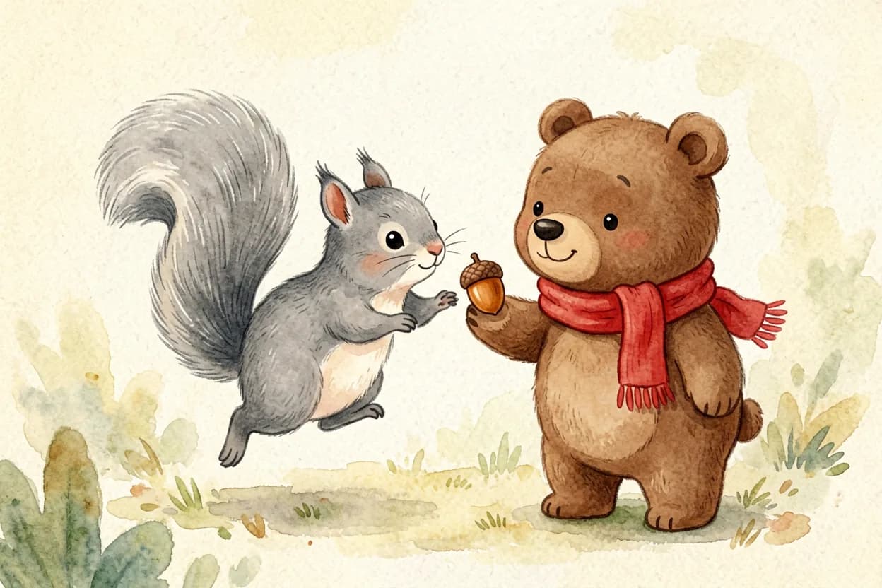 A friendly grey squirrel with a bushy tail waving and offering an acorn to the bear cub