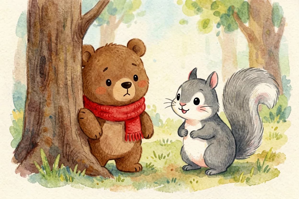 The bear cub hiding shyly half behind a tree, peeking out at the friendly squirrel