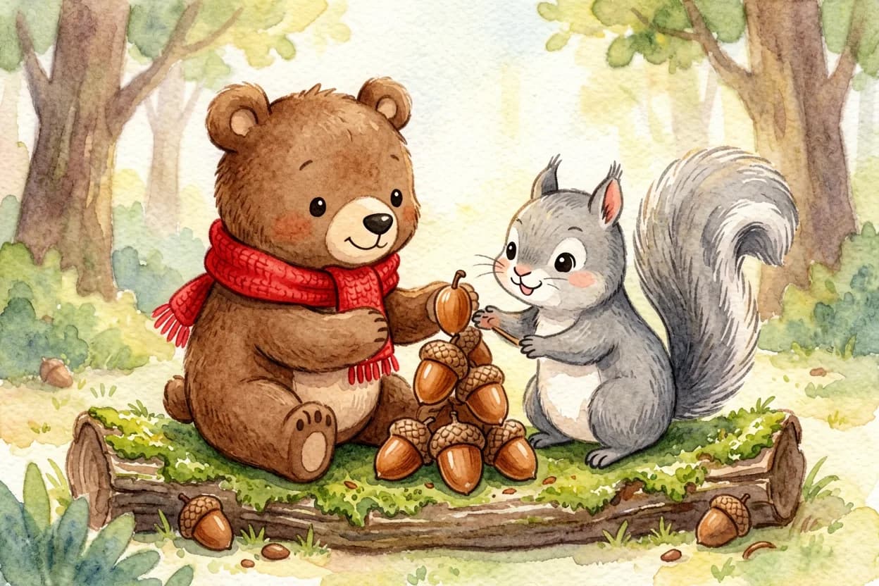 The bear cub and squirrel building a tower of acorns together, both beginning to smile