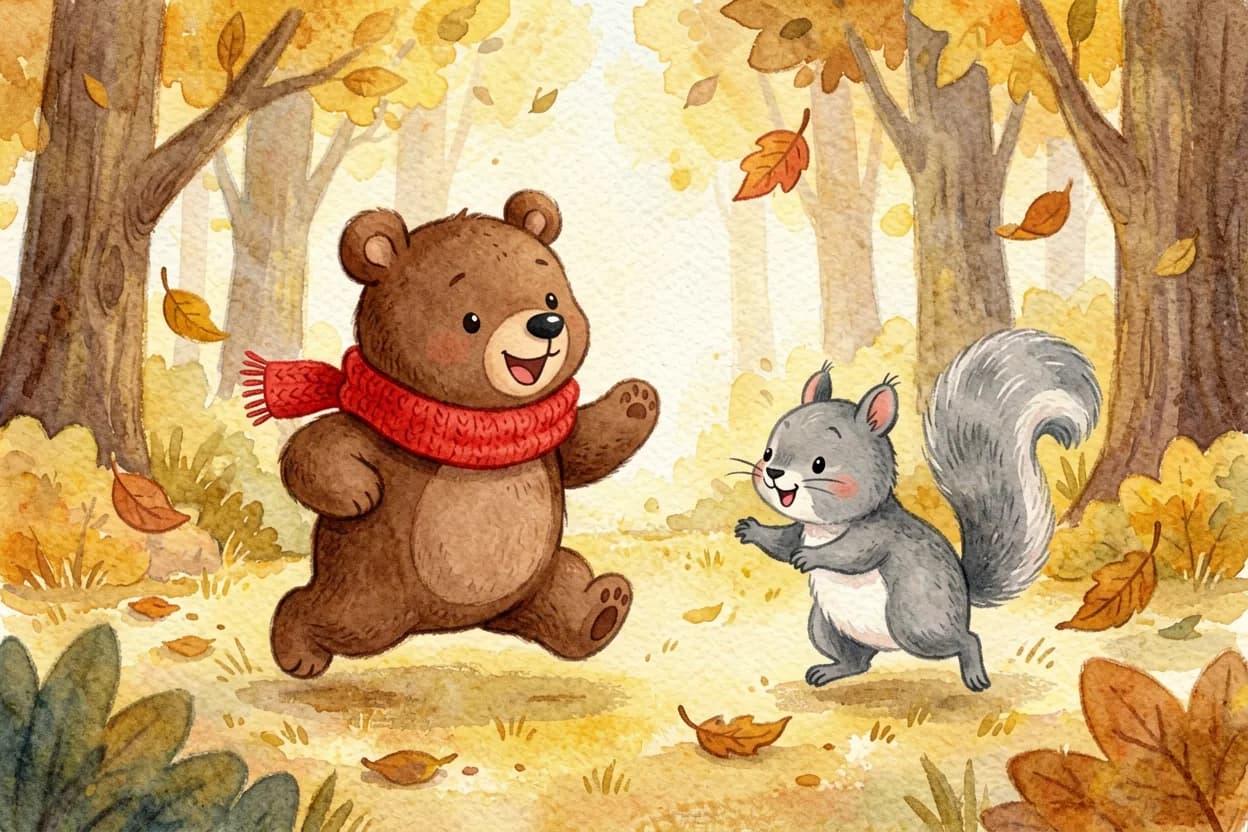 The bear cub and squirrel running and laughing as they chase falling autumn leaves through the forest
