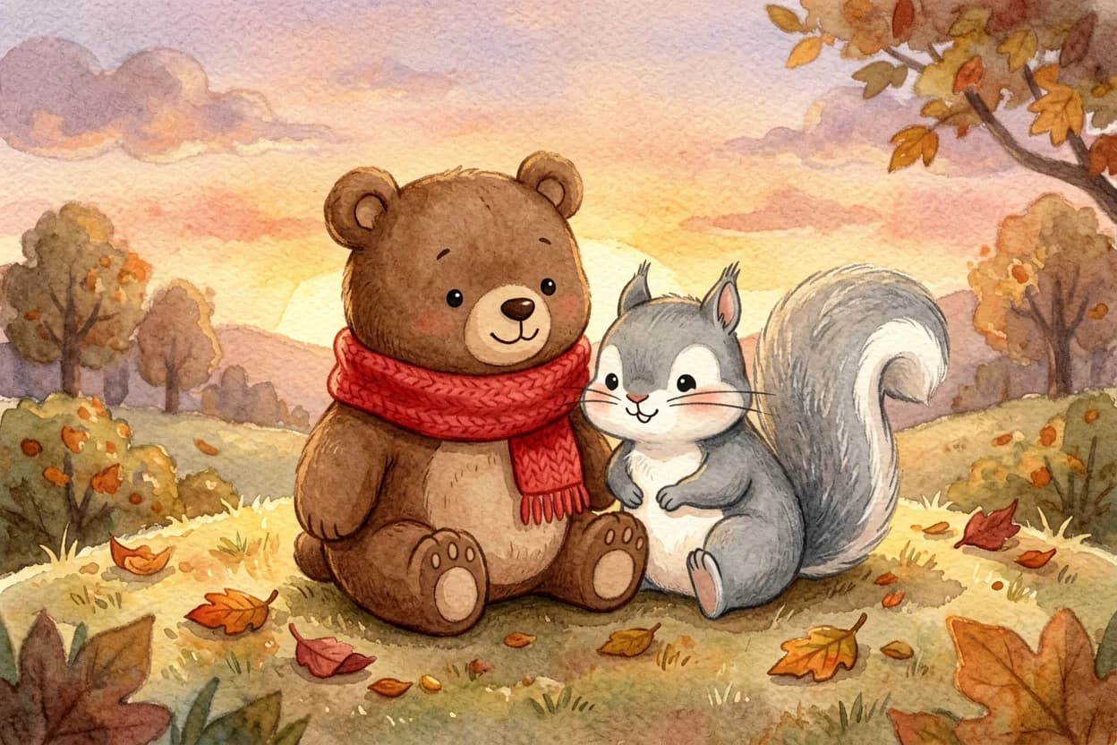 The bear cub and squirrel sitting close together at sunset on a hill, best friends among autumn leaves