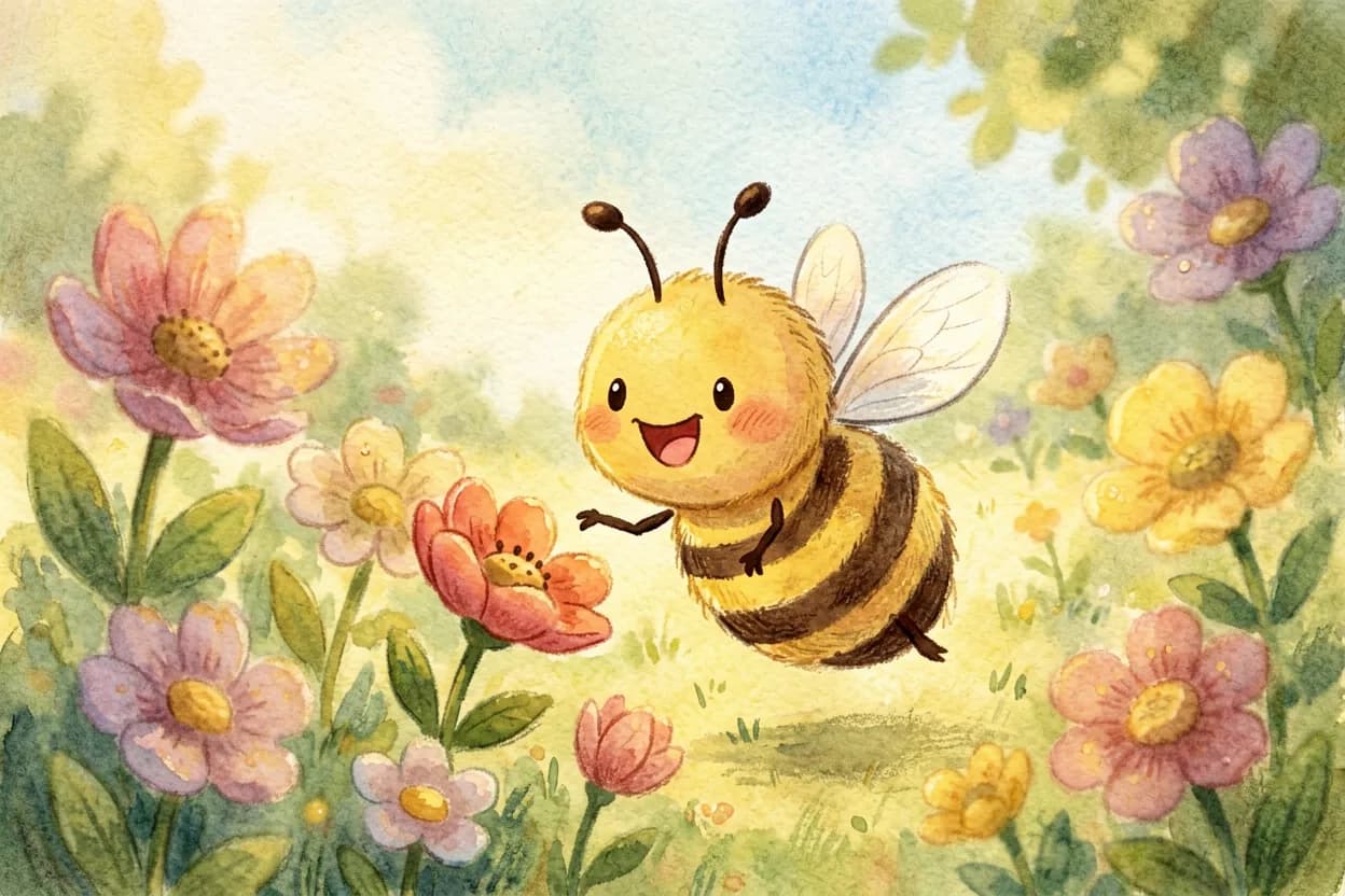 Watercolor illustration of a cheerful little honeybee joyfully thanking colourful flowers in a sunny garden