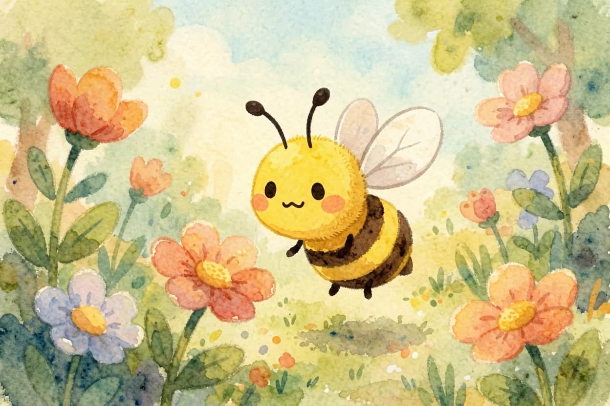 A little honeybee buzzing discontentedly among flowers, wanting more, a slight frown