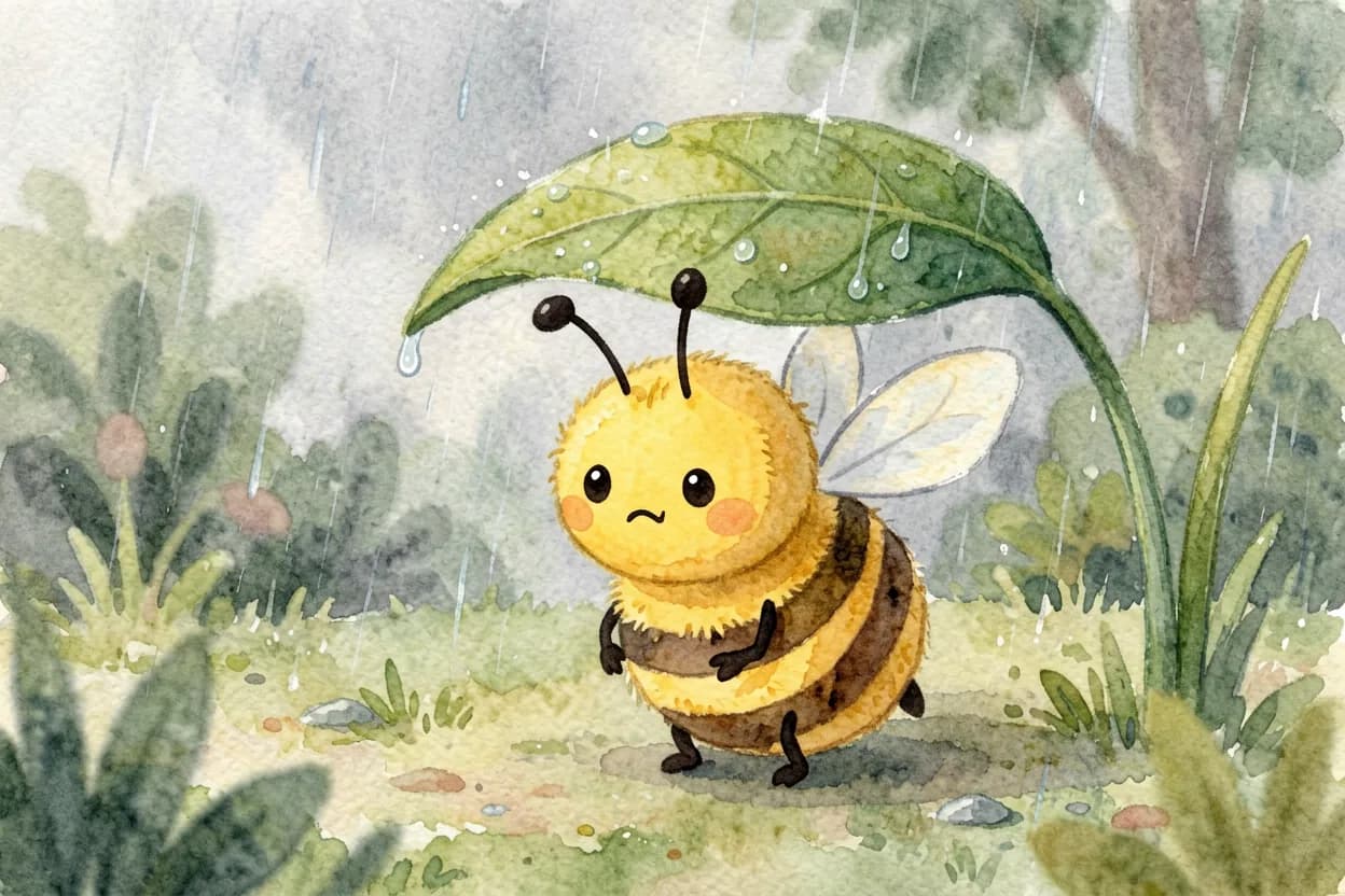 The little honeybee sheltering under a leaf as rain falls on the grey garden, looking glum