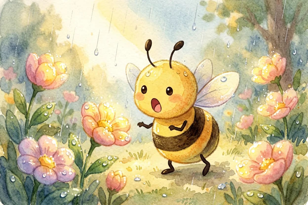 The little honeybee gasping at a garden of dew-sparkled, glowing flowers after the rain
