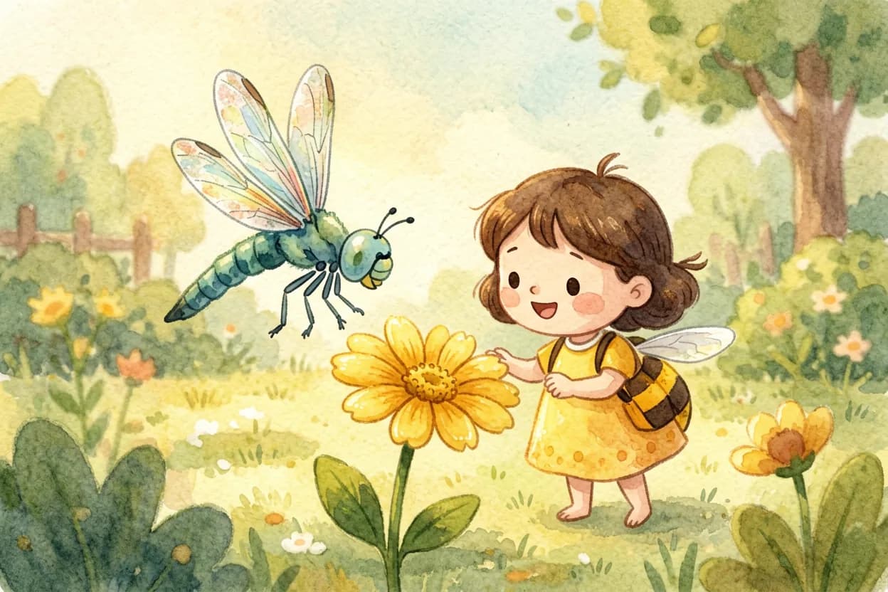 A wise old dragonfly hovering beside the honeybee as she truly looks at a golden flower