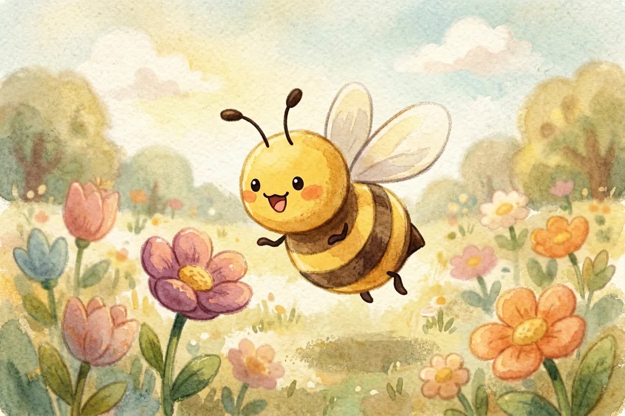 The little honeybee flying happily through the sunny garden, heart full, thanking the flowers