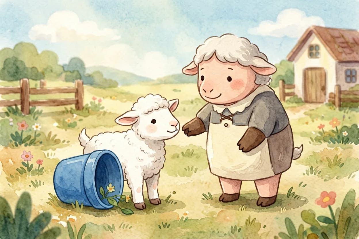 Watercolor illustration of a little goat bravely telling the truth to his mother beside a knocked-over flower pot