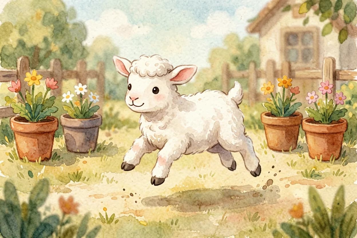 A little goat leaping playfully through a farmyard near a row of flower pots