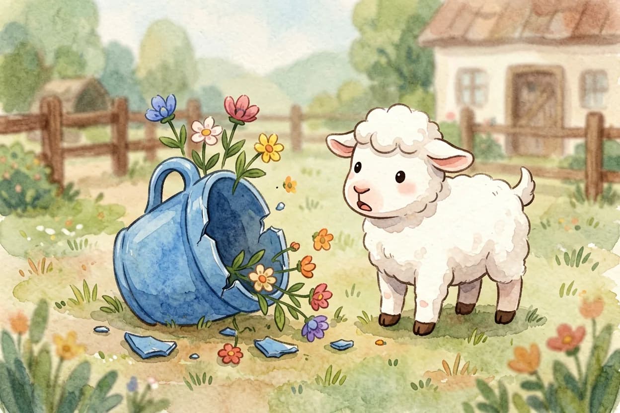 A blue flower pot crashing to the ground, broken pieces and spilled flowers, the goat looking shocked