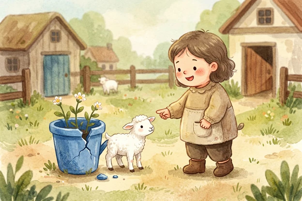 The little goat nervously telling his mother a fib, pointing away from the broken pot