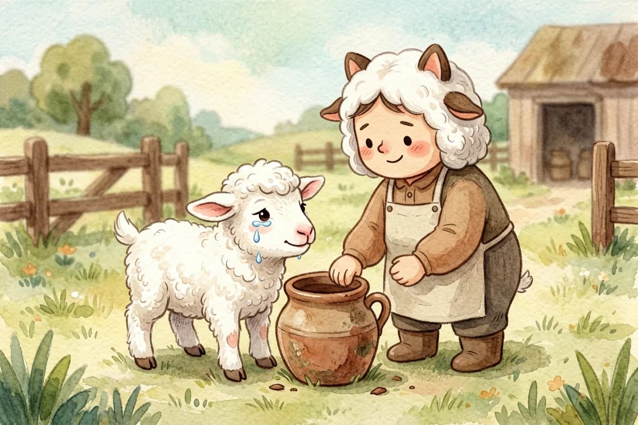 The little goat bravely and tearfully telling his mother the truth about breaking the pot