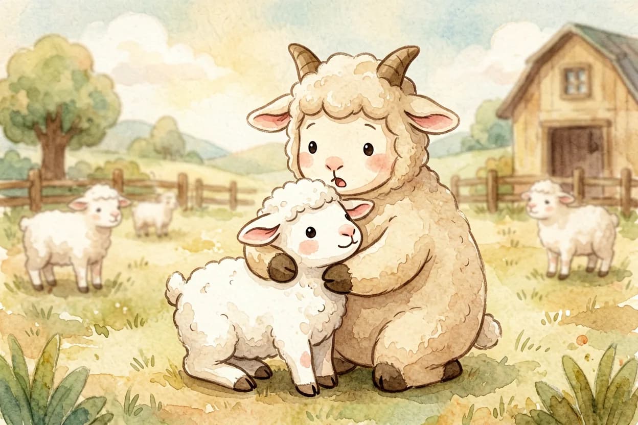 The mother goat warmly hugging the little goat after he tells the truth, both relieved