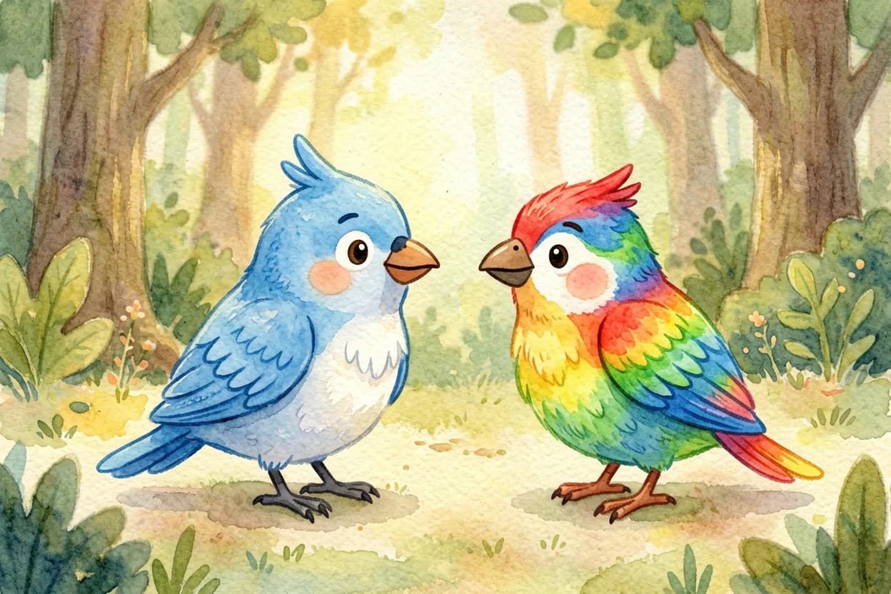 Watercolor illustration of a little blue jay admiring its own reflection happily beside a colourful bird friend