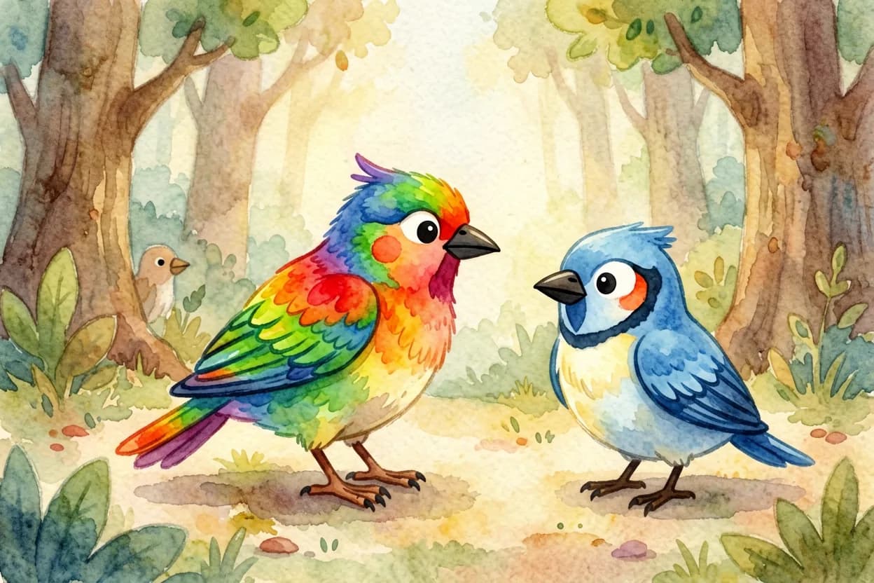A dazzling rainbow-feathered bird arriving as other birds admire her, the blue jay looking envious