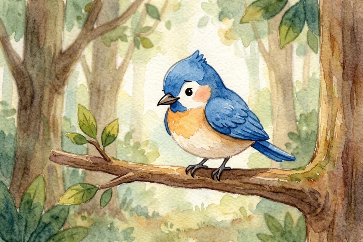 The little blue jay sulking on a branch, feeling small and envious as he looks at his own feathers