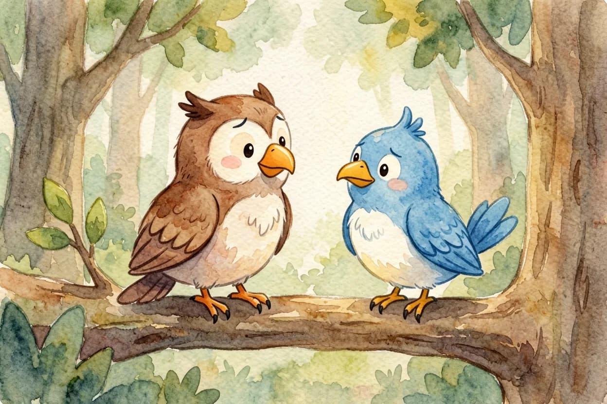 A wise old owl gently talking to the sulking blue jay on a branch