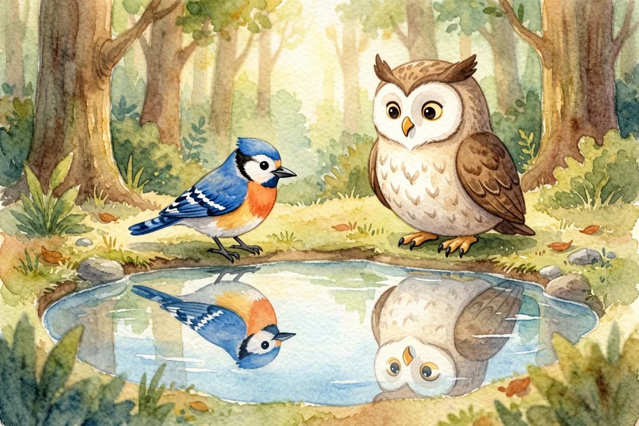 The little blue jay looking at his own handsome reflection in a still pond, the owl beside him