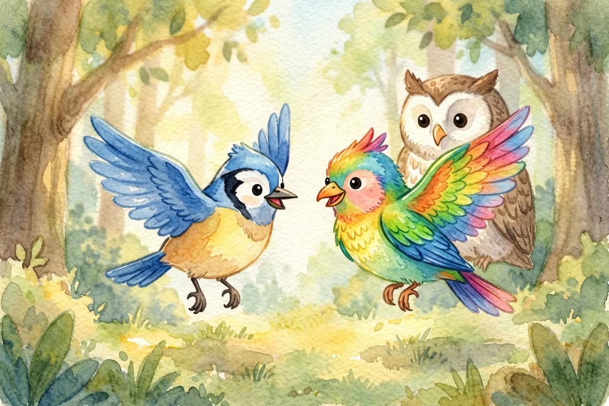 The blue jay and the rainbow bird happily flying together as friends, the owl watching