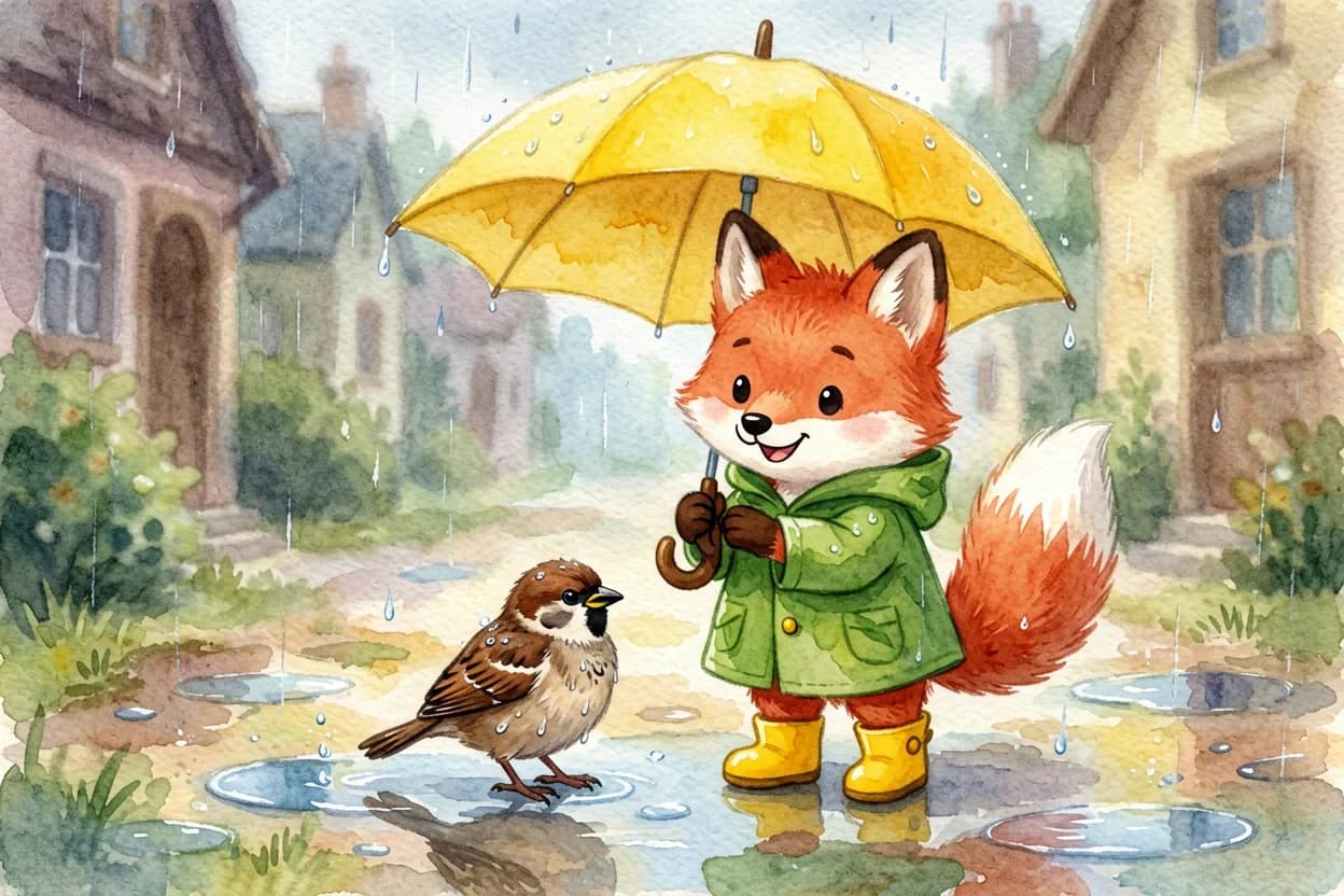 Watercolor illustration of a little fox cub in a green raincoat sharing an umbrella with a tiny sparrow in the rain