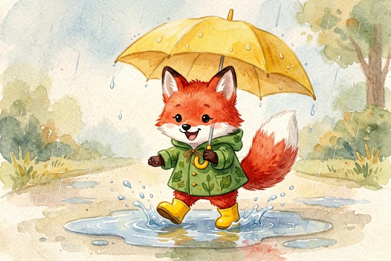 A red fox cub in a green raincoat and yellow boots splashing happily in puddles under a yellow umbrella