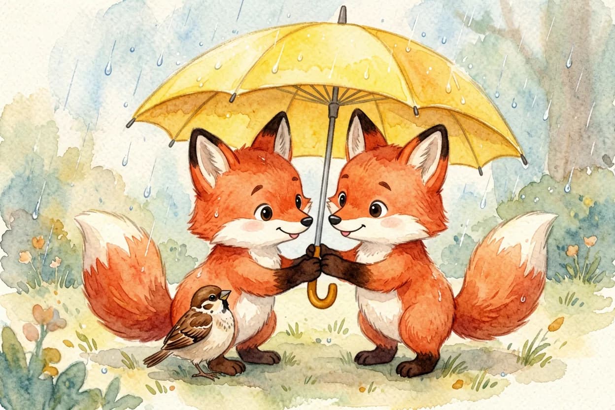 The fox cub holding her umbrella over the little sparrow, sharing shelter, the two smiling at each other