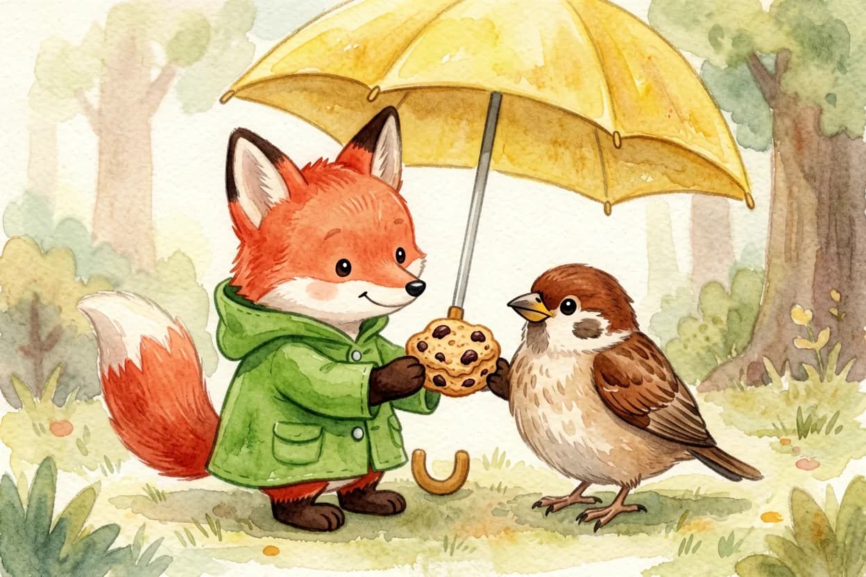 The fox cub and sparrow sharing a warm biscuit under the umbrella, the sparrow looking grateful