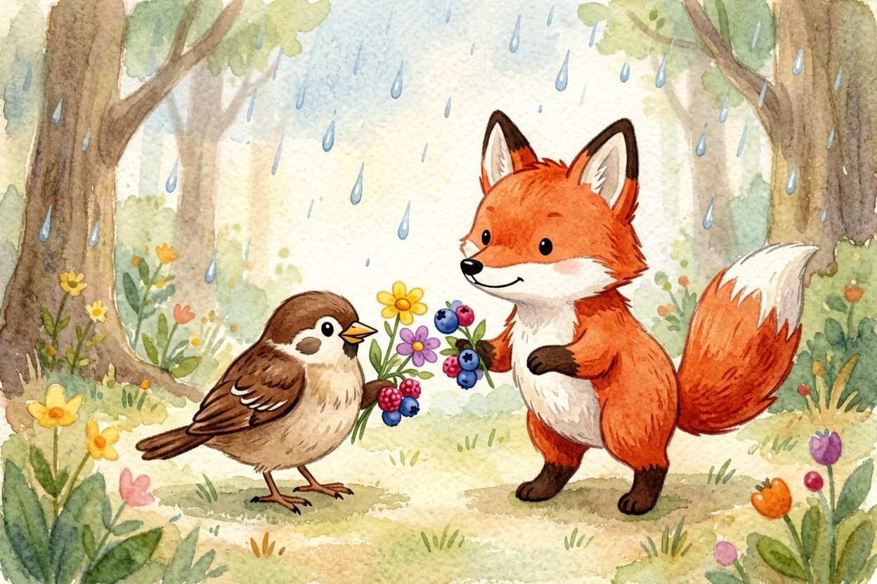 The sparrow returning with woodland friends carrying flowers and berries to thank the fox, the rain clearing
