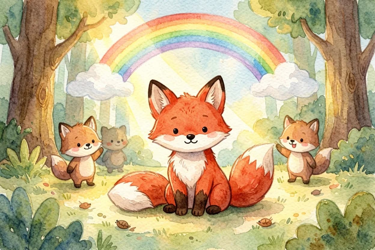 The fox cub sitting content in the sunshine with a little rainbow above, surrounded by cheerful woodland friends
