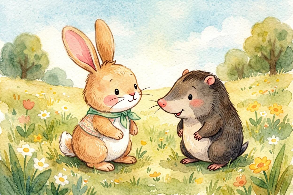 Watercolor illustration of a little rabbit with big ears listening carefully and kindly to a friend