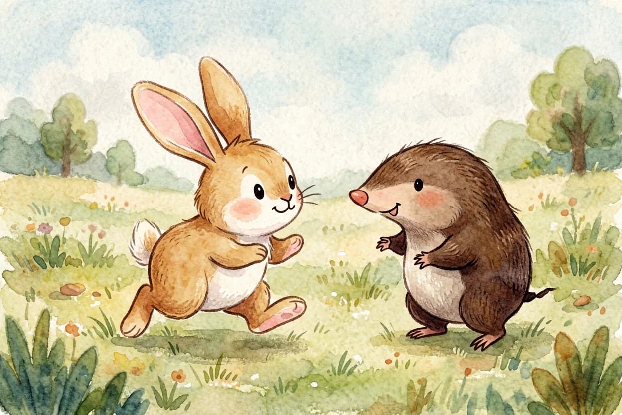 A little rabbit with big ears hopping about distractedly while a friend tries to talk to her