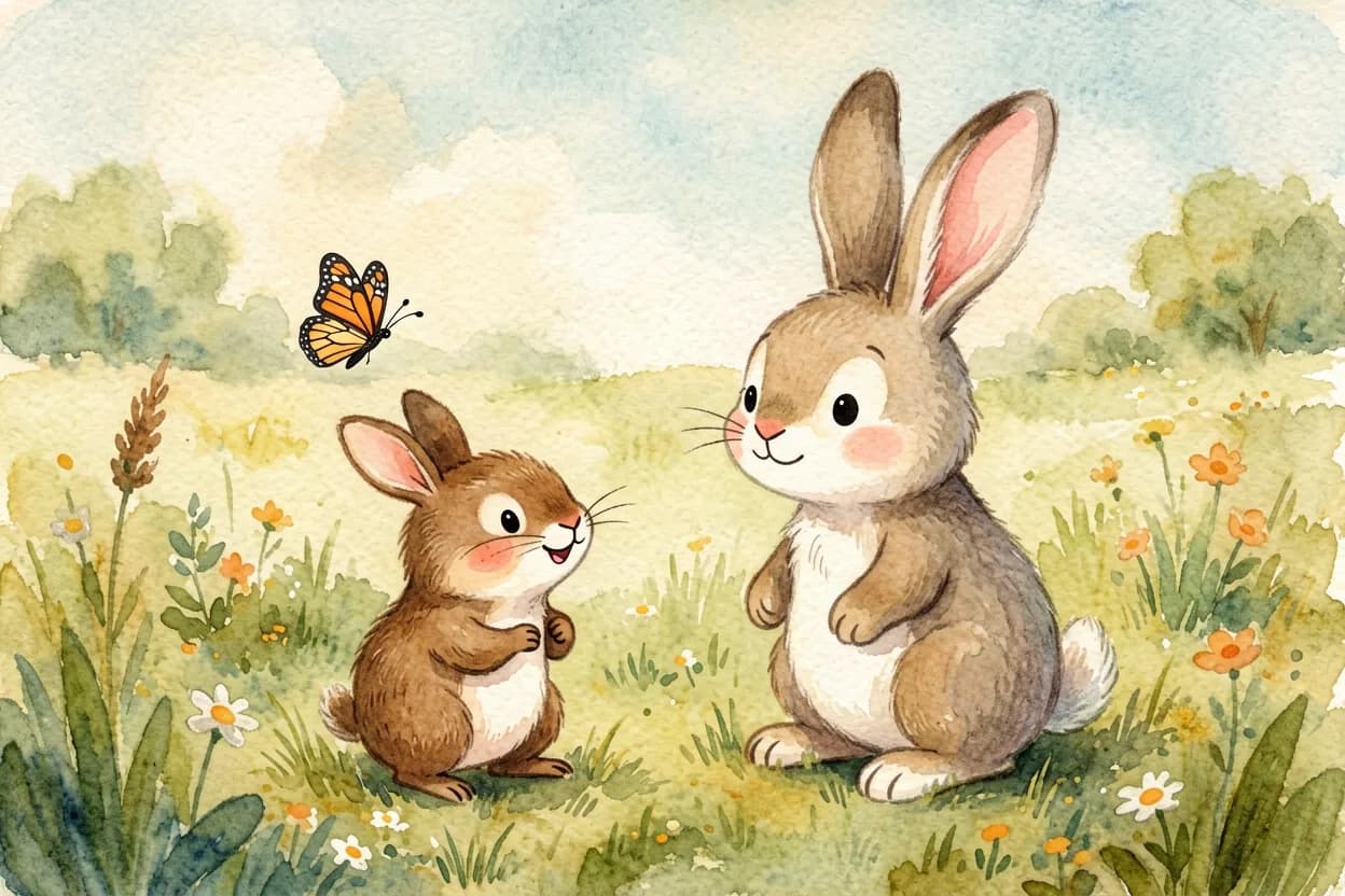 A mole excitedly telling the rabbit something while she gazes distractedly at a butterfly